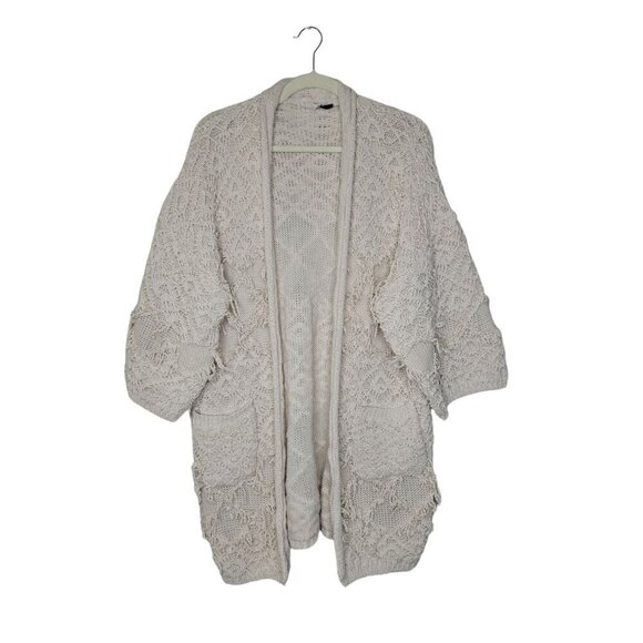 Anthropologie Akemi + Kin Fringe Boho Cardigan Crochet Open Front Cozy Oversized - Picture 1 of 14
